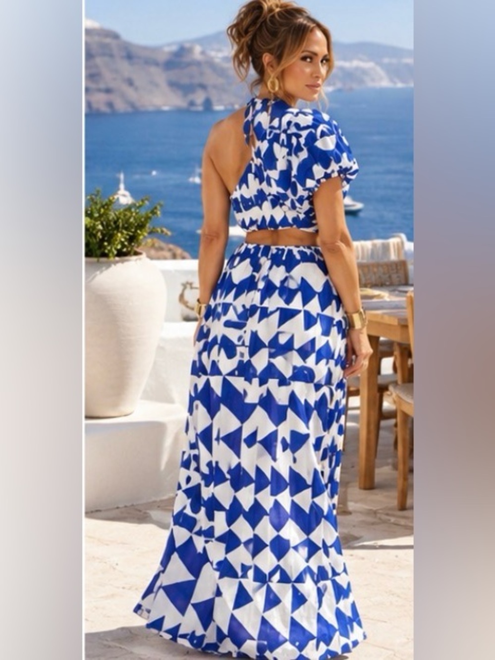 Farm Rio Blue Tiles One Shoulder Maxi Dress J Lo Miami Resort Luxe - Picture 2 of 14